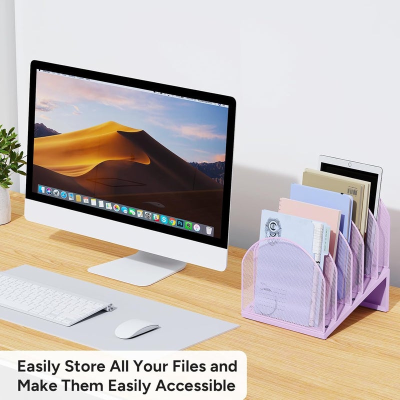 OUTIOE 5-Section Desk File Organizer, Metal Mesh Folder Organizer for Documents, Mail & Office Papers (Purple) - Image 5